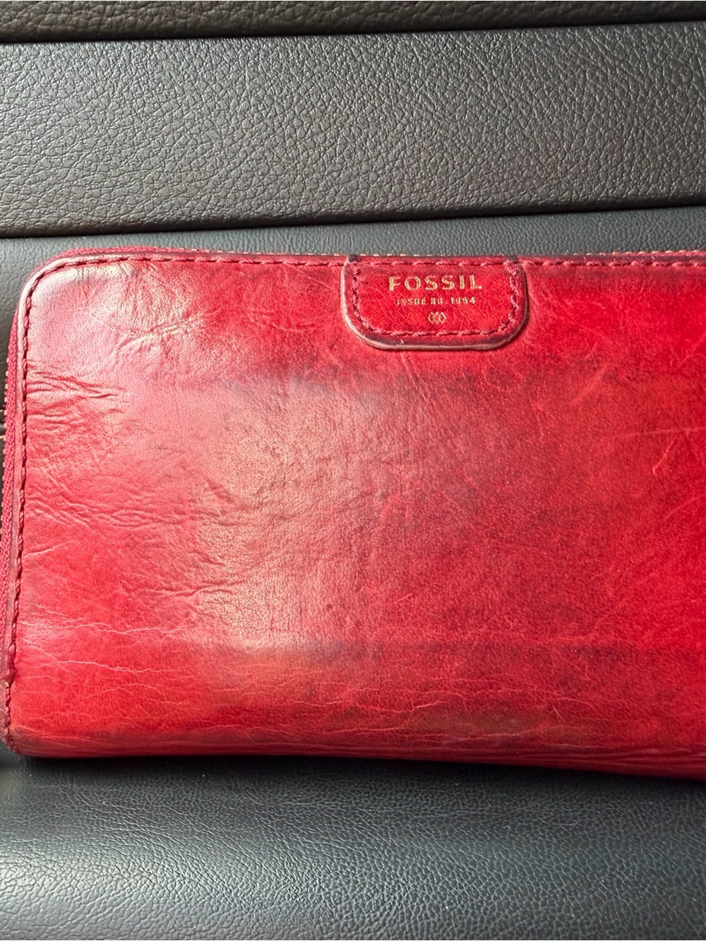 Fossil Red Leather Zip Wallet with Gold Logo Tab